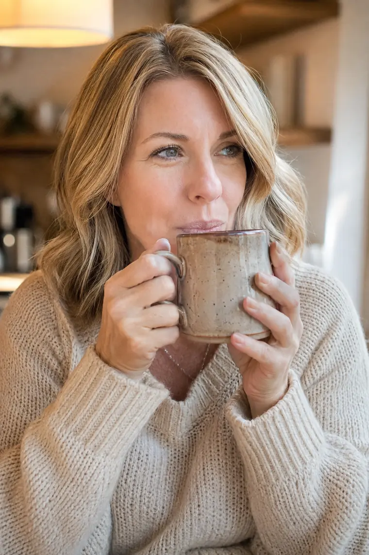 Maureen at home holding a mug of coffee