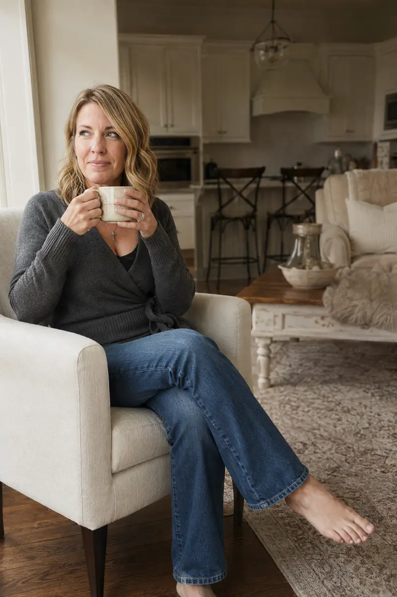 Maureen, who created the Perimenopause Truth Kit, sitting at home with a cup of coffee